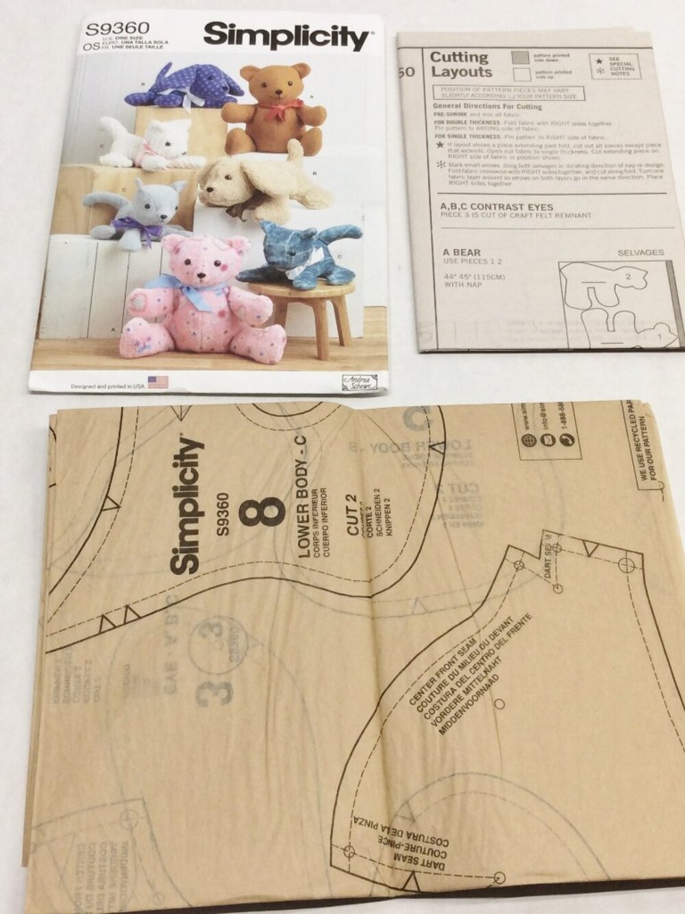 Simplicity Sewing Pattern S9360 Plush Animals Puppies Kittens Bear Uncut